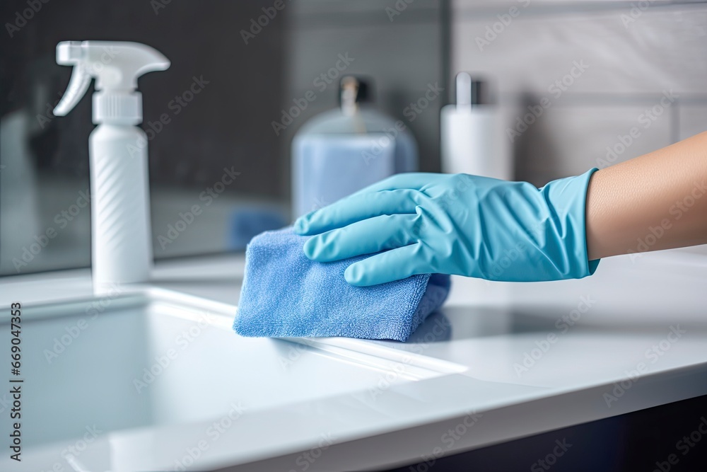 A Person Cleaning a Sink with Blue Gloves Created With Generative AI Technology A Person Cleaning a Sink with Blue Gloves Created With Generative AI Technology