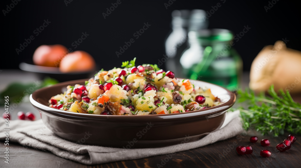 Traditional stuffing or dressing with sage and cranberries, Christmas party, blurred background, with copy space