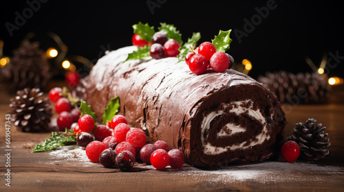 A rich yule log cake, covered in chocolate and decorated with berries, Christmas party, blurred background, with copy space
