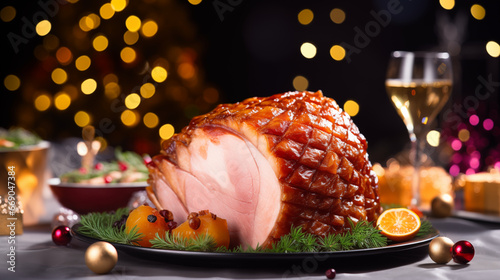 Glazed honey ham studded with cloves and pineapple slices, Christmas party, blurred background, with copy space photo
