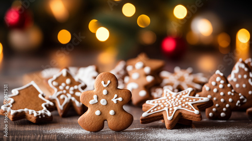 Homemade gingerbread cookies in various festive shapes, Christmas party, blurred background, with copy space
