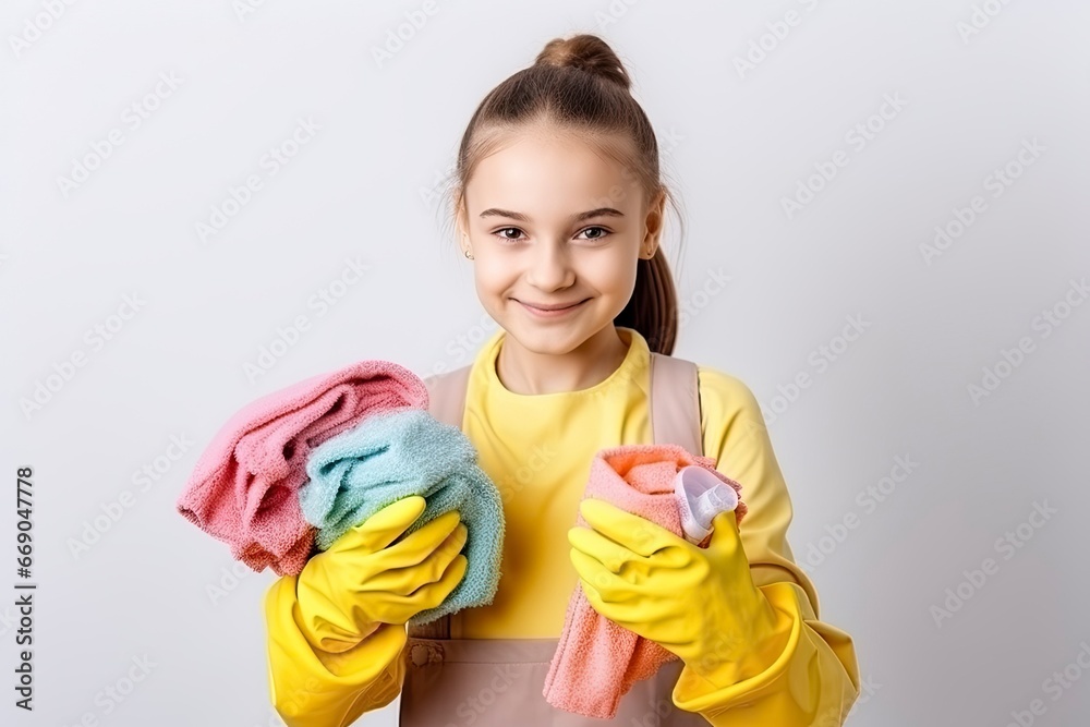 A Young Girl Cleaning With Enthusiasm Created With Generative AI Technology A Young Girl Cleaning With Enthusiasm Created With Generative AI Technology