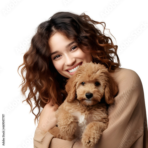 Happy young woman with hugging cute puppy, smiling as pet owner holding dog with love and care in studio, isolated on transparent background Generative AI