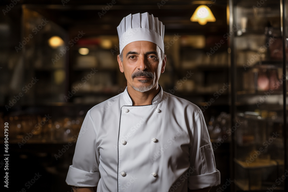 A senior male chef in uniform standing at a kitchen restaurant A senior male chef in uniform standing at a kitchen restaurant