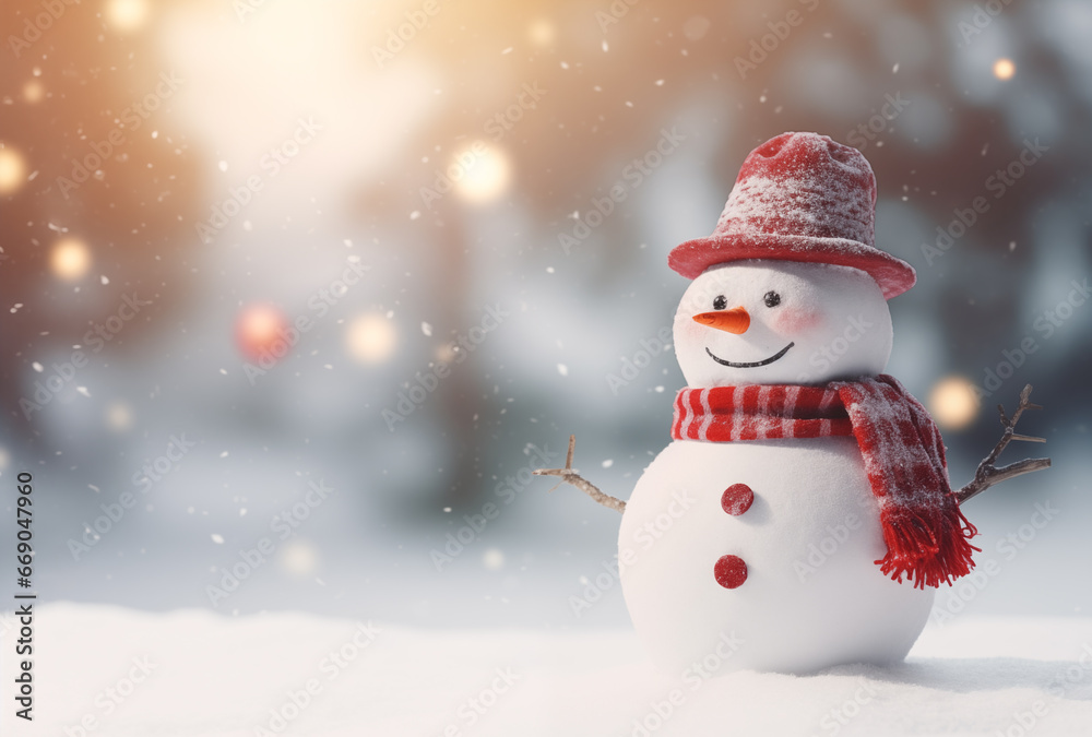 Smiling happy snowman in winter scenery and Christmas lights with copy space