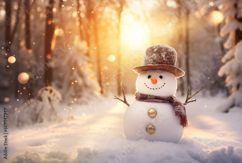 Smiling happy snowman in winter scenery and Christmas lights with copy space © uv_group