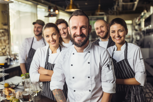 Portrait of chef standing with his team on background in commercial kitchen at restaurant photo
