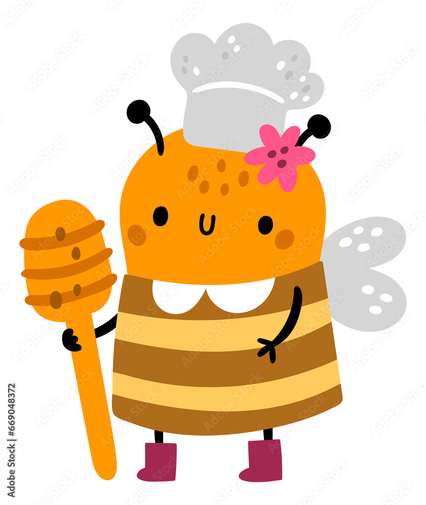 Cute bee character in chef hat. Honey cooking animal Cute bee character in chef hat. Honey cooking animal