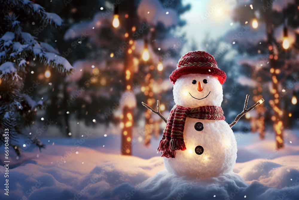 Obraz premium Smiling happy snowman in winter scenery and Christmas lights with copy space