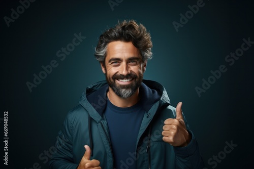 studio portrait of young bearded man in blue windbreaker gesturing thumb up sign isolated blue background with empty space, toothy smiles looks at camera happily. Sales, discount. Mock up, clothes