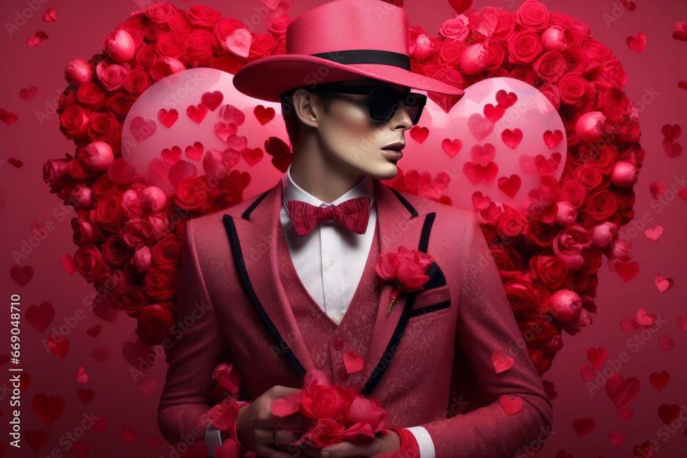 Portrait d'un homme tendance en costume rose et noeud papillon sur fond rose avec des cœurs. - obrazy, fototapety, plakaty 