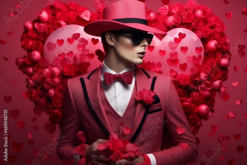 Portrait d'un homme tendance en costume rose et noeud papillon sur fond rose avec des cœurs.