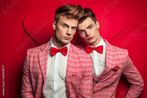 Portrait tendance de deux hommes homosexuels habillés en costume rose et noeud papillon pour la Saint-Valentin.