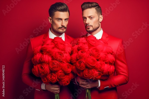 Deux hommes habillé en rose pourtant un bouquet de rose, symbole d'amour pour la Saint-Valentin.
