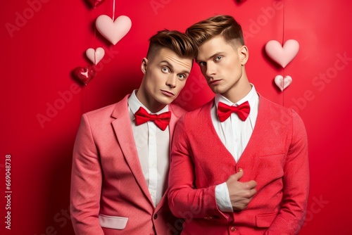 Couple d'hommes homosexuels en noeud paillon habillé en rose sur fond de cœurs, pour la Saint-Valentin, photo