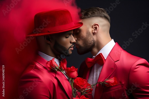 Couple homosexuel s'embrassant, habillé de rouge et d'un chapeau pour la Saint-Valentin. © Comme en pixels