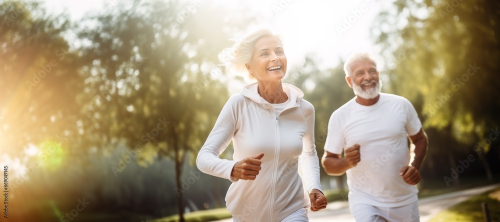 woman senior man outdoor running couple lifestyle sport smiling together jogging healthy nature fit happy active retirement exercise fitness run - obrazy, fototapety, plakaty 
