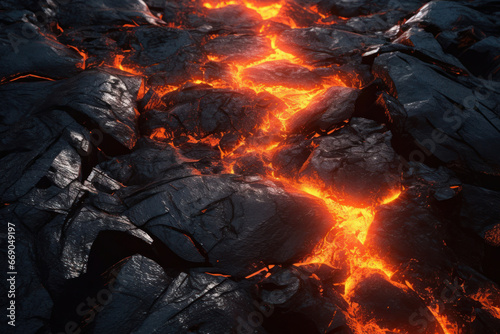 A lava ground. There are dark cooled areas and glowing hot cracks in between.