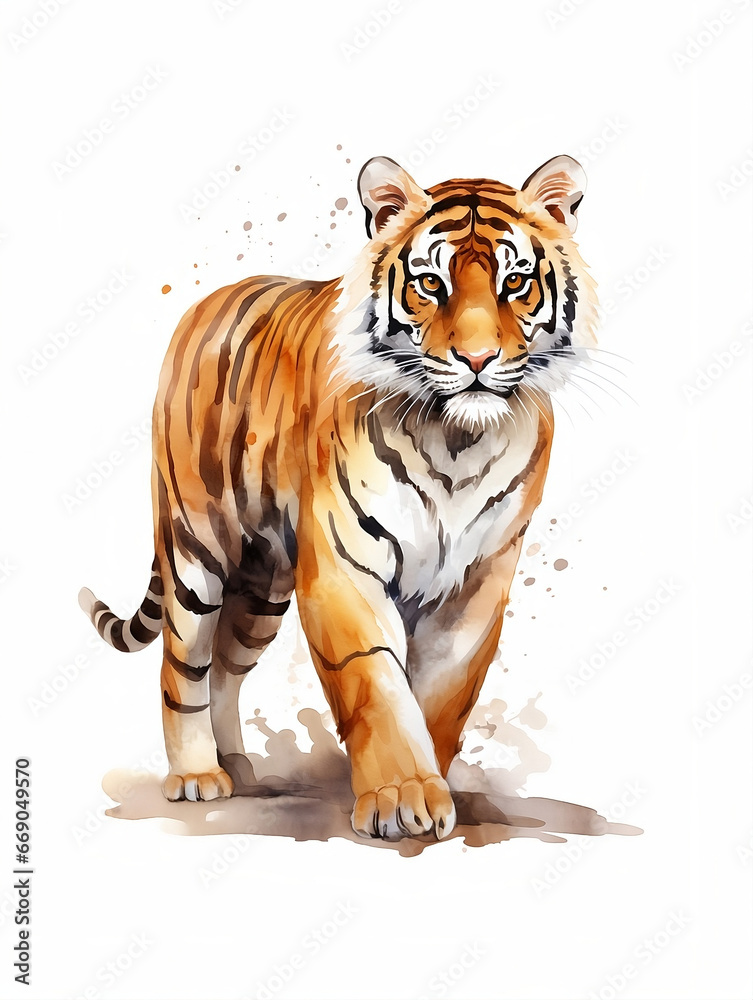 A watercolor painting of a tiger on a white background, cartoon style illustration, Generative AI