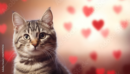 cat on pink background with hearts, valentine's day concept