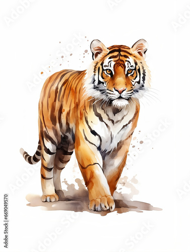 A watercolor painting of a tiger on a white background, cartoon style illustration, Generative AI