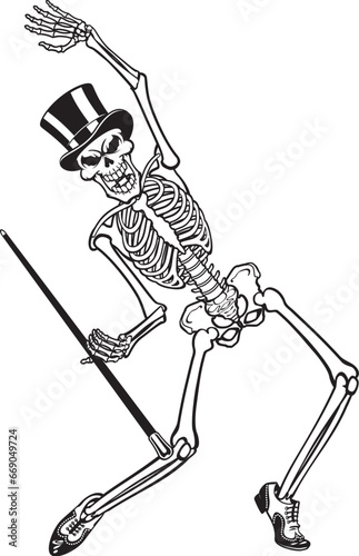 Human skeleton wearing top hat and holding cane tap dancing