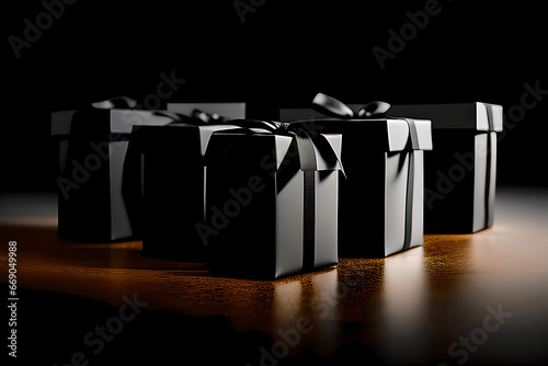 black gift boxes with bow. Black Friday sale. AI generated  content