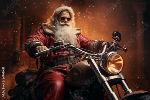 Brutal stylish Santa Claus with glasses and a long gray beard in a traditional red suit on a motorcycle. 