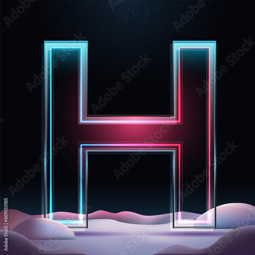 3D glass letter H with neon light insight. Big relistic letter with sparkles and winter background. Holiday decoration. Element for design poster, advertisign or game photo