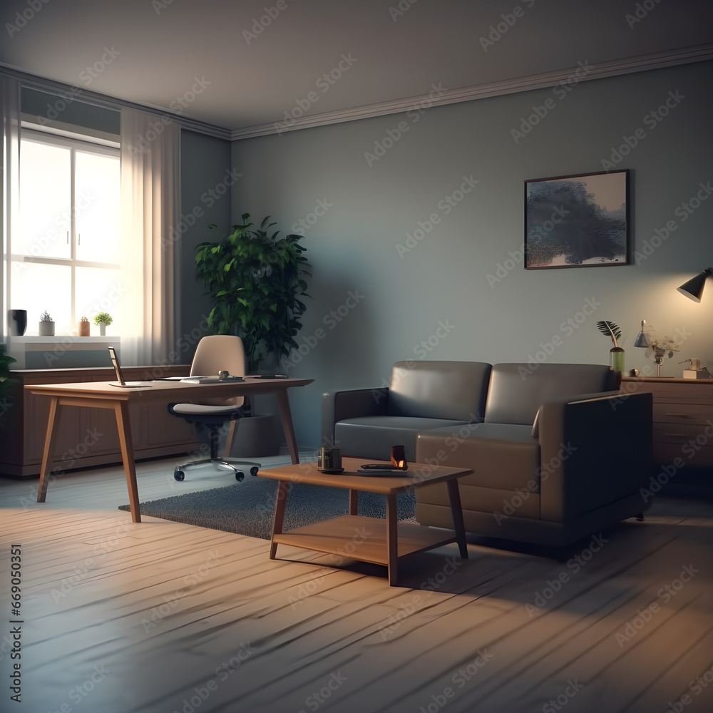 Clean, cozy livingroom with plants and workspace Clean, cozy livingroom with plants and workspace