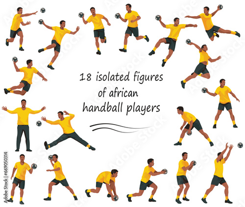 18 figures of African handball players and goalkeepers team in yellow sports t-shirts jumping, running, catching the ball, standing