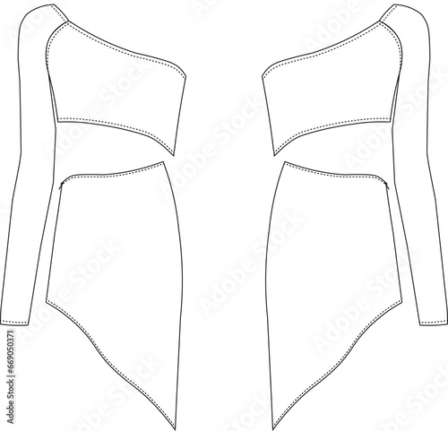 one shoulder asymmetric neck long sleeve two piece blouseasymmetric hem short skirt set dress technical drawing flat sketch