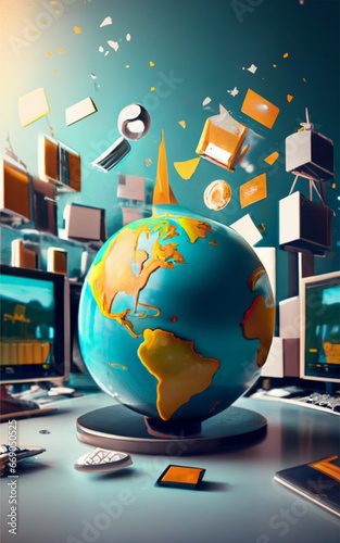 office background with globe and computers managed electronic commerce commerce conceptIllustration style, photo, poster, 3d render