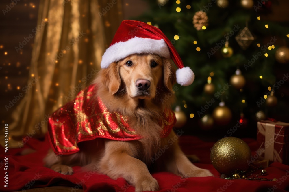 golden retriever dog dressed in red Santa Claus costume near Christmas tree golden retriever dog dressed in red Santa Claus costume near Christmas tree