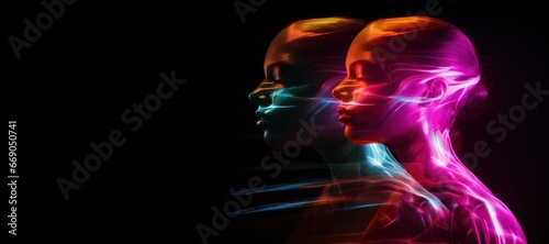 head of person lit with colorful neon light and motion blur lines isolated on black background. Music festival, techno, tech business, electronic music banner.