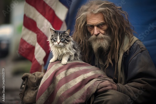 homeless man with a cat in the street near their tent with American flag