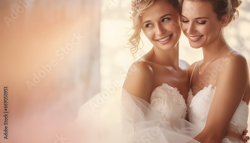 Two happy women in wedding dress, valentine's day concept