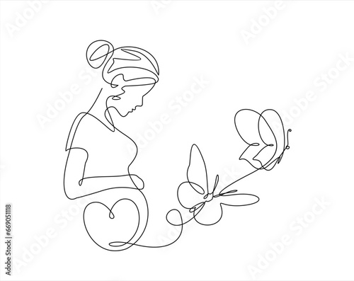 Continuous line drawing of a pregnant woman with butterfly. One line drawing of a pregnant woman. Pregnant belly with heart and butterfly. Minimalist contour illustration of a happy mother.