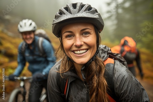young woman in cycling gear smiling in the forest