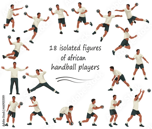 18 vector isolated figures of African handball players and keepers team jumping  running  standing in goal in white uniforms