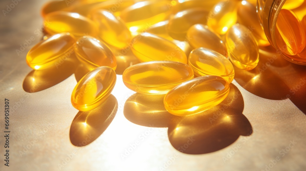 Omega 3 oil or VItamin D capsules in the sunshine, Generative AI Omega 3 oil or VItamin D capsules in the sunshine, Generative AI