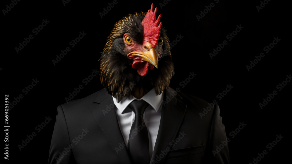 Chicken head in a black suit