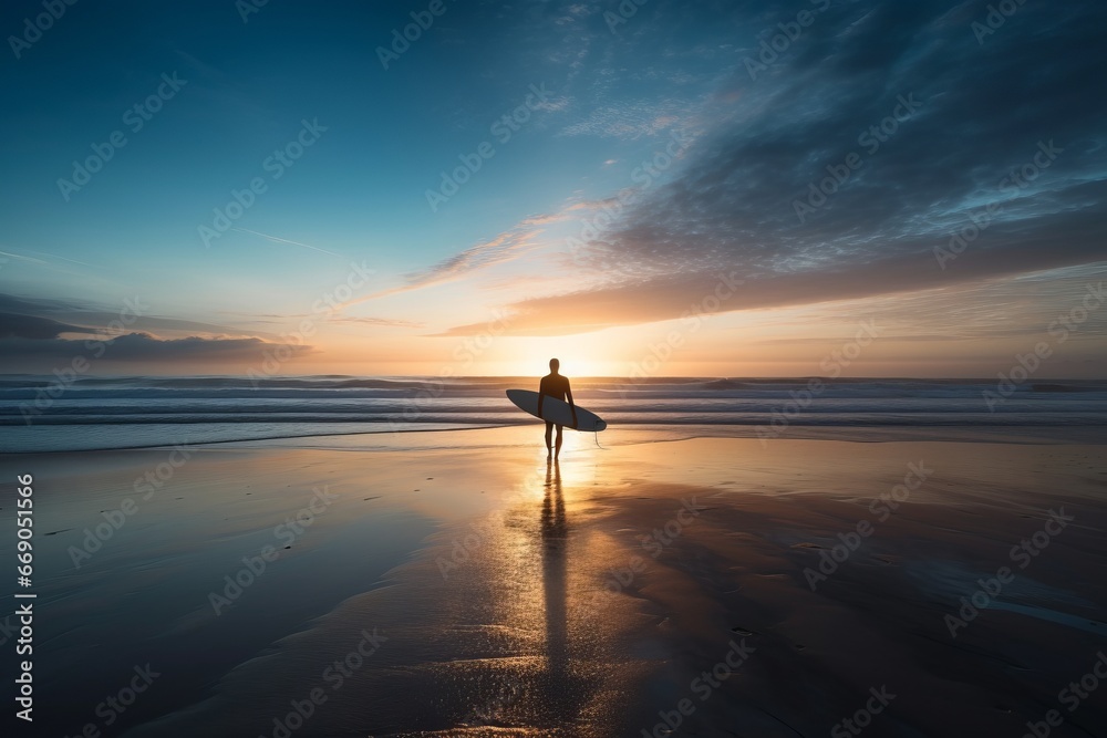 Surfer at Sunset on the Beach