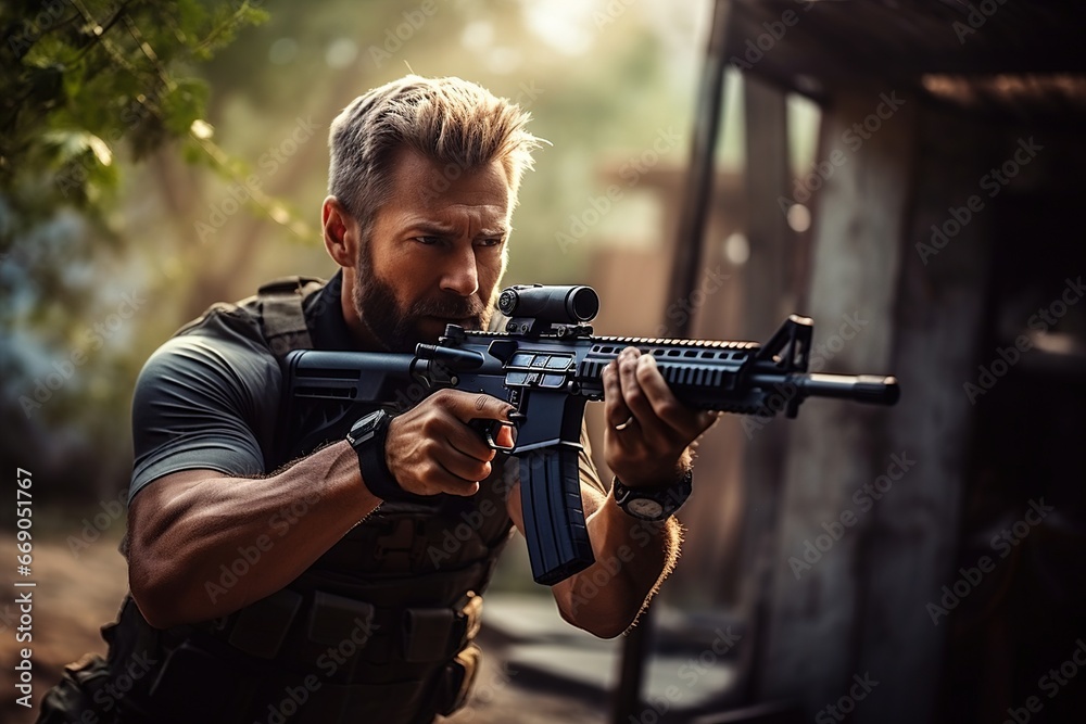 man shooting with riffle gun in the forest