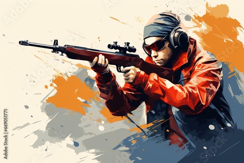 man shooting with riffle gun in the forest illustration