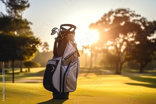 golf clubs in a bag on sunset photo