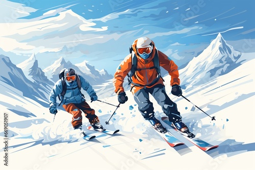 Two advanced skiers slide the mountain downhill photo