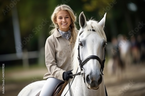 equestrian woman riding a horse. focus on horse