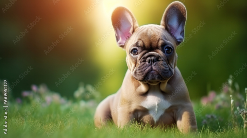 Funny french bulldog puppy on the grass
