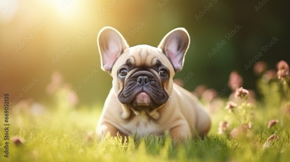 Funny french bulldog puppy on the grass